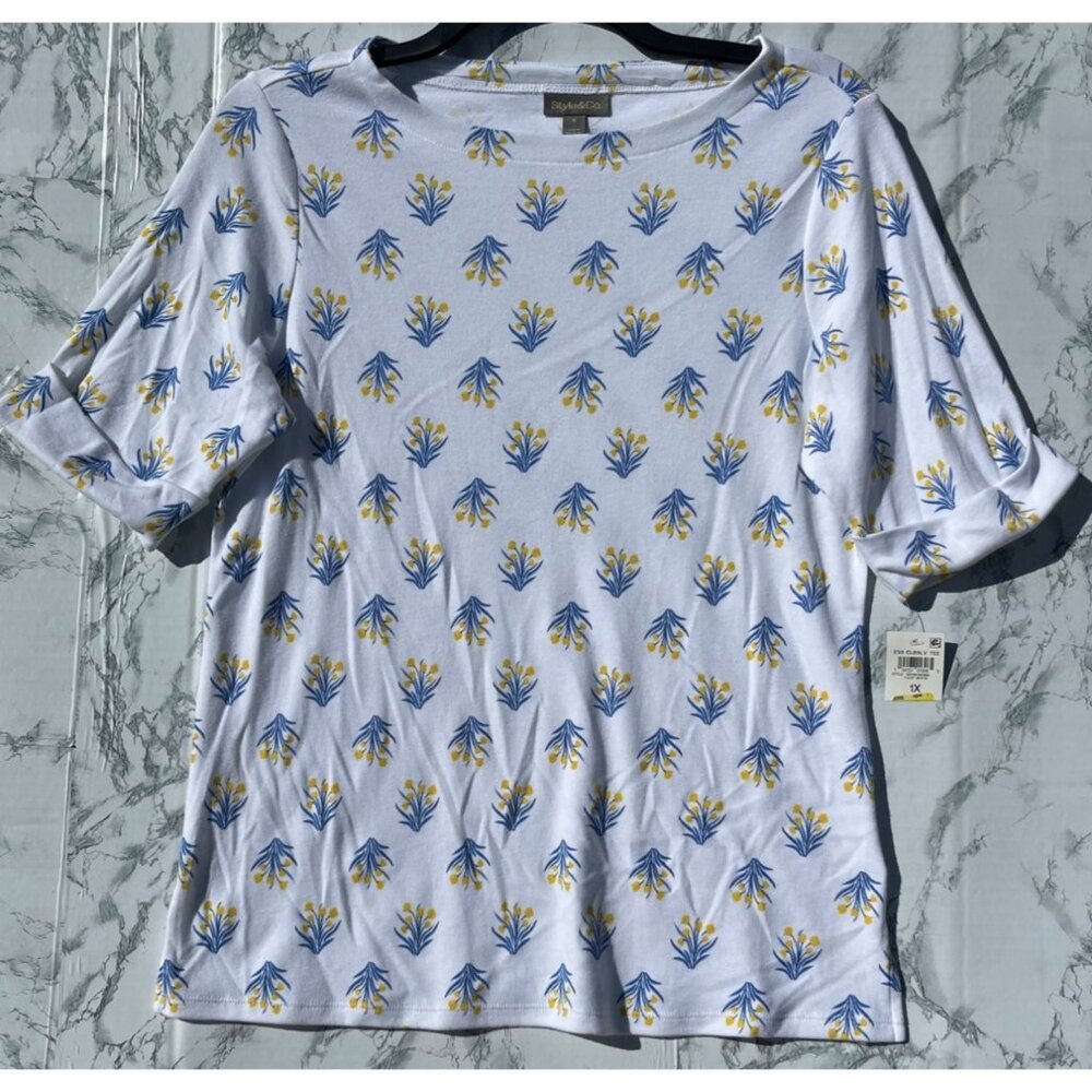 Style & Co. Womens Essential Elbow Sleeve Tulip White Tee 1X